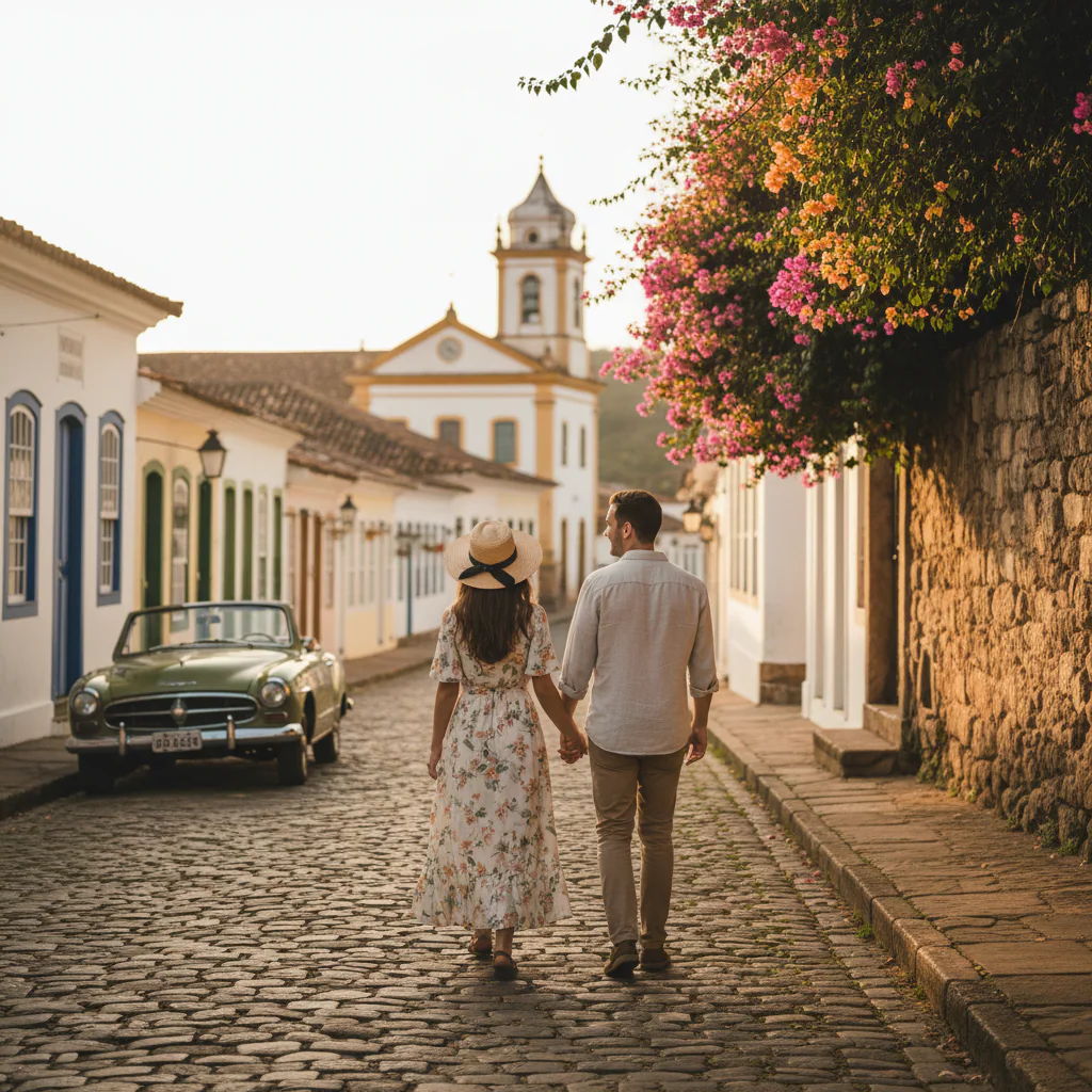 Imagem sobre cidade histórica charmosa com casal caminhando