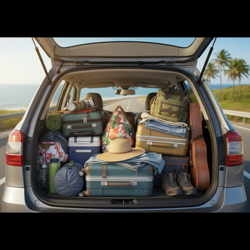 Imagem sobre car trunk packed with luggage for road trip