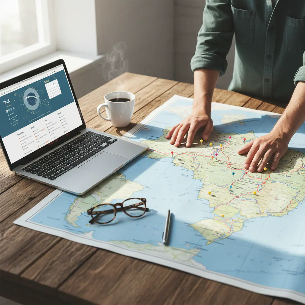 Imagem sobre person planning a road trip on a map and laptop with a coffee