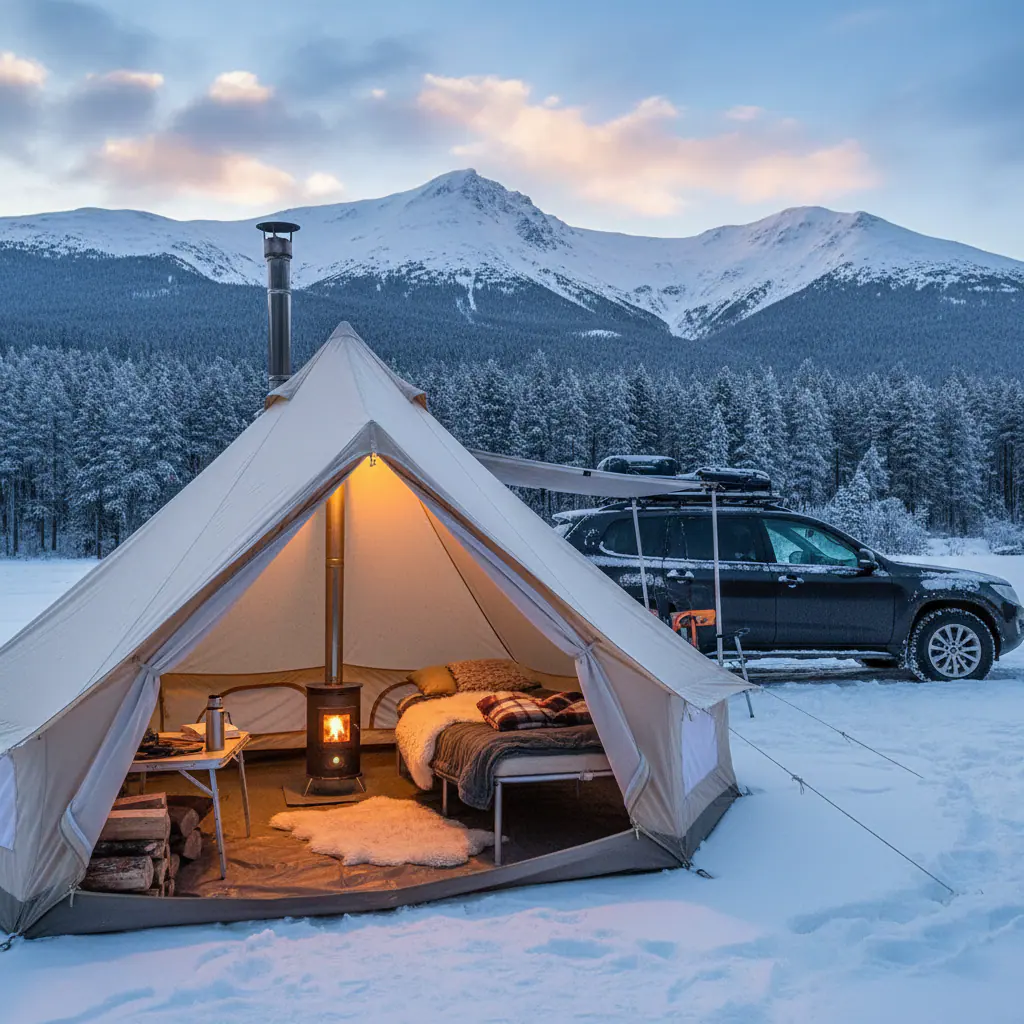 Imagem sobre barraca aquecida acampamento inverno