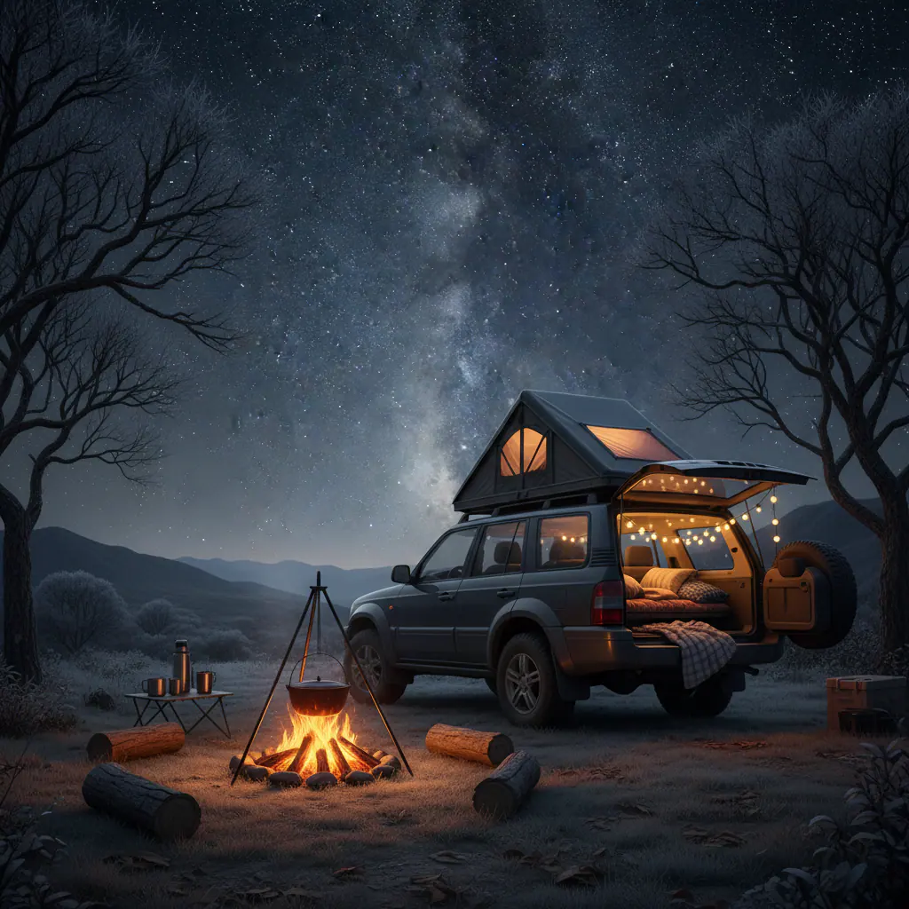 Imagem sobre fogueira acampamento noite estrelada inverno